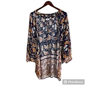 Umgee Floral OS Open Front Kimono Duster Oversized Top Bohemian Cottage Peasant